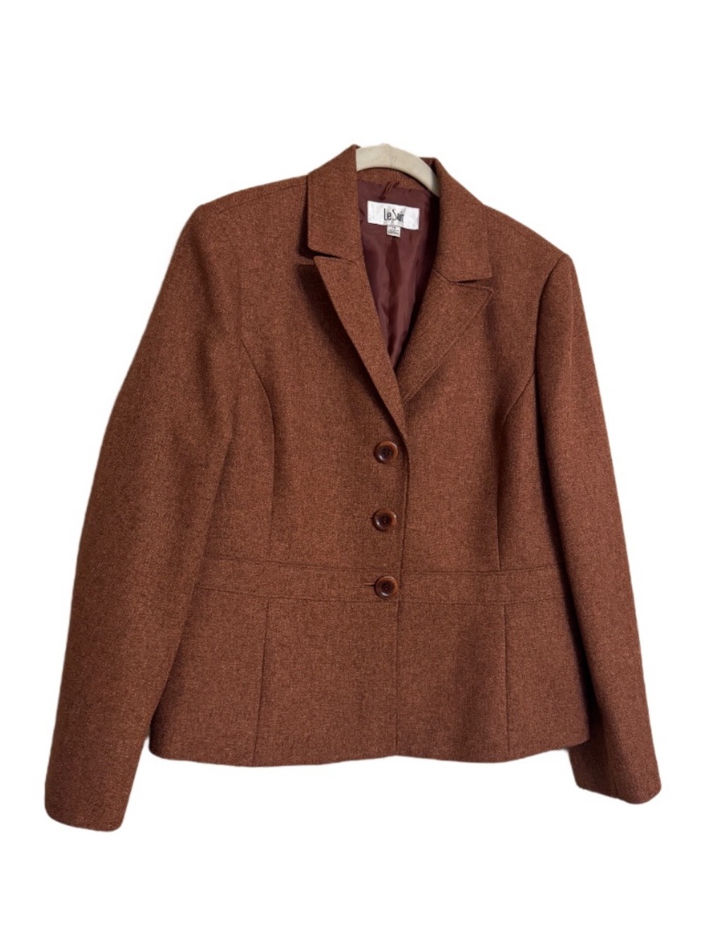 Le Suit Womens Skirt Blazer Suit Sz 14 Rust Terracota Brown Harringbone Business - Picture 2 of 16